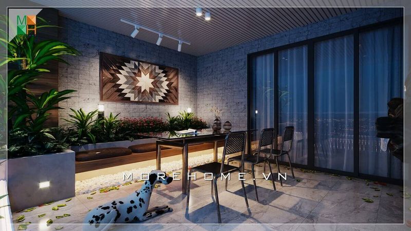 Ban công được trang trí đẹp mắt, hòa quyện với thiên nhiên của hoa lá. Nó được bố trí hoàn hảo bởi một bức tranh canvas độc đáo và đầy màu sắc.